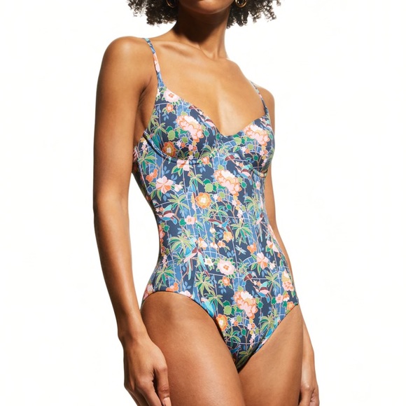 NWT ONIA Chelsea One Piece Bodysuit Swimsuit Navy Multi Jungle Mosaic - Picture 2 of 13